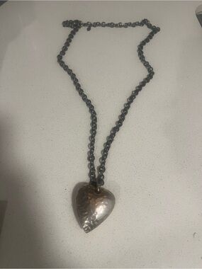 Hammered Heart Pendant Necklace - Black Chain, Silver Heart